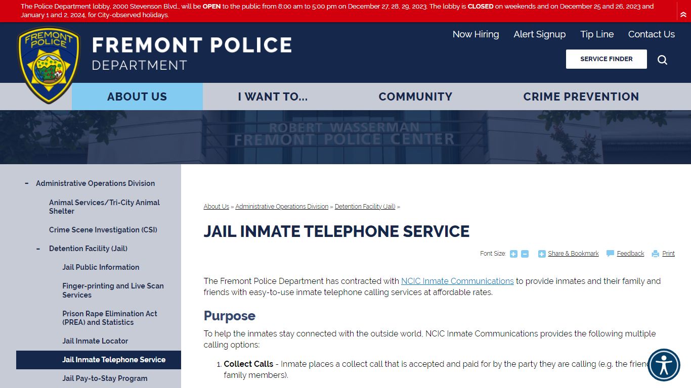 Jail Inmate Telephone Service | Fremont Police Department, CA